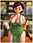  3d apron big_ass erect_nipples green_apron helen_parr huge_breasts naked_apron starbucks_breastmilk_meme the_incredibles thighs 