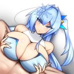  1girl bed big_breasts blue_eyes breast_grab breasts looking_at_viewer on_bed paizuri 