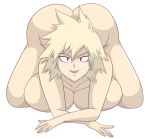 1girl all_fours alternate_breast_size ass big_ass big_breasts blonde_hair cleavage covered_nipples eye_contact eyelashes female_only half-closed_eyes huge_breasts light-skinned_female light_skin looking_at_viewer milf mitsuki_bakugou my_hero_academia nude open_mouth pose red_eyes smile solo_female source_request thick_thighs toshiso_(artist) white_background wide_hips