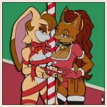  1:1 1girl absurd_res alicia_acorn anthro archie_comics ardan_norgate big_breasts blush bodily_fluids border breasts candy chipmunk christmas christmas_clothing clothing dessert duo english_text female/female food furry genitals ground_squirrel high_res holidays lagomorph leporid looking_at_viewer mammal mature_female navel nipples open_mouth rabbit ribbons rodent saliva sciurid sonic_the_hedgehog_(archie) sonic_the_hedgehog_(comics) sonic_the_hedgehog_(series) text tongue tongue_out vanilla_the_rabbit yellow_border 