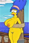  ass blue_hair blue_pubic_hair erect_nipples huge_breasts marge_simpson pussy rocner the_simpsons thighs tied_up yellow_skin 
