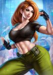  alluring big_breasts cargo_pants dandon_fuga disney female_abs fingerless_gloves green_eyes hot kim_possible kimberly_ann_possible orange_hair sexy voluptuous 