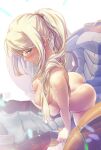  1girl armor blonde_hair blue_eyes breasts extremely_large_filesize female female_only long_hair metroid mitsu_(mitsu_art) nipples nude ponytail power_suit samus_aran solo undressing very_high_resolution 