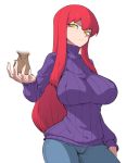 1girl breasts character_request contrapposto high_res huge_breasts impossible_clothes impossible_sweater jeans jitome long_hair outstretched_hand payot red_hair ribbed_sweater slit_pupils solo space_jin sweater testicle turtleneck yellow_eyes 