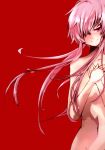 1girl bad_id breasts gasai_yuno hair_over_breasts hair_over_one_eye hands_on_own_chest head_tilt high_res highres long_hair mirai_nikki navel nude out-of-frame_censoring pink_eyes pink_hair red_background smile solo yuri11108