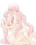  2_girls 2girls aino_yumeri clone clones dual_persona gasai_yuno hand_on_another&#039;s_face hand_on_another's_face long_hair mirai_nikki multiple_girls nude open_mouth pink_hair selfcest simple_background very_long_hair white_background yuri 