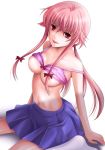  1girl bare_shoulders bra bra_lift breasts collarbone gasai_yuno lingerie long_hair mio_(di-cr) mirai_nikki navel nipples no_shirt open_mouth pink_bra pink_hair red_eyes simple_background sitting skirt solo strap_slip twin_tails twintails underwear wariza white_background 