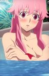  blush breasts covering covering_breasts gasai_yuno high_res mirai_nikki pink_eyes pink_hair screencap solo surprised topless water 