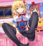  1girl 1girl :p akai_haato bed big_breasts black_legwear blonde blue_eyes blurry blurry_background blush breasts feet hair_ornament high_resolution hololive kasaran long_hair looking_at_viewer no_shoes panchira panties poster pov_feet sitting smile soles stockings tongue tongue_out underwear virtual_youtuber white_panties white_underwear window 