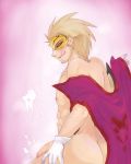  abs arc_system_works blazblue blonde_hair cape cum cum_on_body cum_on_lower_body cum_on_self cum_on_upper_body domino_mask ejaculation facial_hair flaccid gloves hair highres licking_lips lip_licking male male_focus mask naughty_face penis relius_clover solo stubble sweat tongue tongue_out white_eyes 