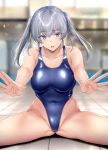 aqua_eyes ass_visible_through_thighs big_breasts blurry_background cleavage competition_swimsuit embarrassed eyebrows_visible_through_hair female_only gentsuki looking_at_viewer non-nude one-piece_swimsuit open_mouth partially_visible_vulva pool silver_hair sitting sleeveless spread_legs swimsuit twin_tails 