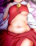  1girl bed belly black_hair breasts detached_sleeves female hakurei_reimu head_out_of_frame hyudora long_hair lying navel on_back plump shirt_lift sketch solo touhou underboob 