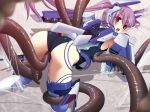 1girl all_fours armor ass blush female game_cg long_hair looking_back madou_souhei_kleinhasa mecha_musume open_mouth purple_hair rape red_eyes rose_lilienthal saitou_natsuki solo tentacle tentacles thighhighs through_clothes twintails very_long_hair