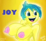 1girl 1girl 2015 blue_eyes blue_hair breasts breasts choklit disney english_text eyebrows eyelashes female_only inside_out joy_(inside_out) open-mouth_smile open_eyes open_mouth pink_nipples pixar sexy_breasts text yellow_background yellow_skin