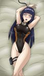 1girl big_breasts blue_hair blush breasts cameltoe clothed_navel deadmoon deadmoon_(kein2002) highres hinata_hyuuga long_hair lying naruto on_back one-piece_swimsuit open_mouth solo swimsuit white_eyes