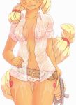  1girl anthro applejack belt blonde_hair breasts friendship_is_magic inkypinky_(artist) my_little_pony nipples panties wet_shirt 