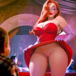 ai_generated gloves hair_over_one_eye jessica_rabbit no_panties red_dress red_hair shaved_pussy thighs who_framed_roger_rabbit 