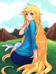  1girl adventure_time blonde_hair blue_eyes fionna_the_human insanely_hot long_hair looking_back smile 