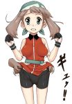 1girl alternate_costume bad_id bandana bandanna bare_shoulders bike_shorts breasts brown_hair cameltoe erect_nipples female hat latex may_(pokemon) pokemon pokemon_(game) pokemon_rse rape short_shorts simple_background solo suppa surprised_arms translated wedgie white_background