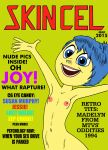 1girl arms_up blue_eyes blue_hair breasts cute disney emotion english_text green_background inside_out joy_(inside_out) lipstick looking_at_viewer magazine magazine_cover navel nipples open-mouth_smile open_eyes open_mouth pixar sexy_breasts skincel text toonytease yellow_skin