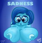 1girl 1girl 2015 big_breasts blue_background blue_eyes blue_hair blue_nipples blue_skin breasts breasts choklit covering_breasts disney english_text eyebrows eyelashes female_only inside_out open_eyes open_mouth pixar sadness_(inside_out) sexy_breasts text