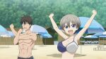 &gt;_&lt; anime beach big_breasts bikini bouncing_breasts breasts closed_eyes gif raised_arms sakurai_shinichi smiling stretching umbrella uzaki-chan_wa_asobitai! uzaki-chan_wants_to_hang_out! uzaki_hana
