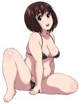  1girl bad_id barefoot bikini breasts brown_eyes brown_hair cleavage jinroku navel open_mouth original plump short_hair simple_background smile solo swimsuit white_background 