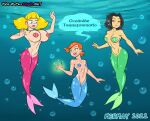 3_girls ben_10 big_breasts black_hair blonde_hair breasts crossover gwen_tennyson inspector_gadget jackie_chan_adventures jade_chan mermaid mermaid_tail pasties penny_gadget red_hair samson_00 seashell seashell_pasties speech_bubble text underwater young younger younger_female