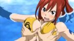 1boy 1girl angry_face big_breasts bikini blush breast_grab breasts cleavage erza_scarlet fairy_tail grabbing grope groping jellal_fernandes open_mouth red_hair shocked solo_focus swimsuit tattoo water