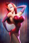 bare_shoulders big_breasts breasts cleavage disney dress earrings elbow_gloves eyeshadow gloves green_eyes hair_over_one_eye jessica_rabbit jewelry large_breasts lipstick long_hair red_hair red_lipstick side_slit sideboob solo stanley_lau who_framed_roger_rabbit 