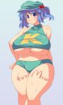  1girl animal_ears bare_shoulders blue_eyes blue_hair body_writing breasts bunny_ears cap female hair_bobbles hair_ornament huge_breasts kawashiro_nitori navel plump short_hair shorts simple_background solo standing thick_thighs thighs touhou underboob ushi wide_hips 