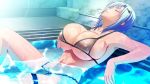 1girl arm_support armpits bikini blue_hair breasts bursting_breasts cleavage closed_eyes clothed covered_erect_nipples female game_cg hair_ornament hairclip huge_breasts indoors kyonyuu_majo outstretched_arms parted_bangs partially_submerged pool q-gaku reclining short_hair sideboob skindentation solo spread_arms spread_legs string_bikini swimsuit tenma_yuria thigh_strap thighs underboob water wet