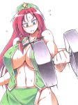  1girl bad_id belly beret braid breasts cleavage clenched_teeth colored_pencil_(medium) dumbbell female green_eyes hair hat headgear hong_meiling huge_breasts long_hair midriff muscle navel no_bra no_panties red_hair solo sweat teeth touhou traditional_media twin_braids ushi weightlifting 