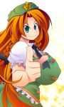  bad_id braid breasts female gradient gradient_background green_eyes hat hong_meiling huge_breasts long_hair pointing red_hair redhead smile solo touhou twin_braids ushi white_background 