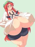  1girl breasts bursting_breasts erect_nipples female gigantic_breasts green_eyes hat hong_meiling long_hair no_bra red_hair shirt shorts simple_background solo standing thighs touhou underboob ushi 