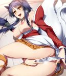  ahri animal_ears blue_hair blush breasts detached_sleeves erect_nipples heart large_breasts league_of_legends long_hair multiple_tails nipples open_mouth sweat tail tongue tongue_out umakatsuhai yellow_eyes 