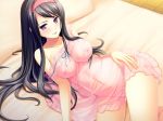  1girl :p bed big_breasts black_hair blush breasts frills game_cg gradient_hair hand_on_thigh high_res highres indoors large_breasts lingerie long_hair looking_at_viewer lying multicolored_hair nipples no_bra no_panties otomimi_infinity pillow purple_eyes ribbon sagawa_chiduru see-through see_through solo tongue tongue_out underwear 