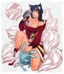  1girl ahri animal_ears bad_id breasts cleavage detached_sleeves facial_mark fish fizz_(league_of_legends) fox_ears fox_tail korean korean_clothes large_breasts league_of_legends long_hair multiple_tails nephlite slit_pupils tail tongue tongue_out whisker_markings 