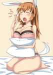 1girl animal_ears blush bra breasts charlotte_e._yeager clothed female huge_breasts kneeling komusou_(jinrikisha) large_breasts long_hair orange_hair panties pillow rabbit_ears rabbit_girl rabbit_tail sleepy solo strike_witches tail underwear underwear_only world_witches_series yawning