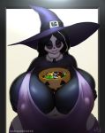  1girl 1girl anthro big_breasts breasts candy closed_eyes clothing food furry giant_panda hat headgear headwear high_res holding_breast huge_breasts mammal marauder6272 nipple_outline ursid wide_hips witch_hat 