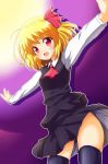  1girl ascot blonde_hair dress_shirt fang female from_below gradient gradient_background hair_ribbon light long_sleeves looking_at_viewer open_mouth outline purple_background red_eyes ribbon rumia shadow shirt short_hair skirt solo stockings thighhighs touhou vest yakumo_nanahara 