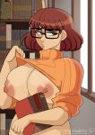  1girl 1girl areola big_breasts big_breasts big_breasts book breasts brown_eyes brown_hair bubblegummcgee clothed_female earrings edit erect_nipples female_focus female_only flashing flashing_breasts glasses hanna-barbera high_res hourglass_figure library nerd nerdy_female nipples puffy_nipples scooby-doo shirt_lift short_hair sleeves_rolled_up solo_female solo_focus tagme teen turtleneck velma_dinkley wide_hips 