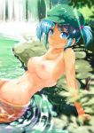  1girl arm_support blue_eyes blue_hair blush breasts bush female hair_bobbles hair_ornament hat kawashiro_nitori navel nipples nude partially_submerged porurin_(do-desho) short_hair smile solo tan tanline touhou twin_tails twintails water waterfall wet 