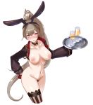  1girl 1girl 1girl animal_ears asymmetrical_legwear azur_lane big_breasts black_choker blush breasts brown_hair bunny_ears choker cropped_jacket earrings fake_animal_ears gloves hair_between_eyes half_gloves high_resolution holding holding_object holding_tray inverted_bunnysuit inverted_costume jacket jean_bart_(azur_lane) jewelry light_brown_hair long_hair looking_at_viewer meme_attire nipples nude ponytail red_gloves reverse_outfit simple_background single_thighhigh stockings striped striped_legwear tied_hair tray very_high_resolution very_long_hair viewed_from_above white_background zukanosuke 