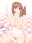  1girl apron bad_id bandana bandanna barefoot between_breasts big_breasts blush bowl breasts brown_hair censored cooking copyright_request cream finger_licking high_res highres large_breasts licking messy naked_apron no_bra no_panties onnanoko_suwari pubic_hair purple_eyes pussy rezel_craft sexually_suggestive short_hair sitting solo 