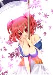 1girl bad_id bare_shoulders between_breasts big_breasts blush bow breasts cleavage female hair_bow high_res highres huge_breasts large_breasts meropan onozuka_komachi open_mouth red_eyes red_hair scythe sexually_suggestive short_hair solo touhou twin_tails twintails weapon