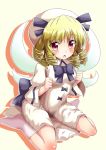  1girl blonde_hair chestnut_mouth drill_hair fairy_wings female hat luna_child rating red_eyes sitting solo touhou wariza wide_sleeves wings yakumo_nanahara 