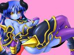  1girl armor astaroth_(shinrabanshou) bikini_armor blue_hair breasts cleavage demon_girl demon_wings earrings female gloves higuma horns huge_breasts jewelry long_hair monster_girl pink_background pointy_ears profile shinrabanshou simple_background sitting solo stockings succubus thighhighs thighs wings yellow_eyes 