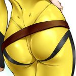  1girl alternate_color ass belt bodysuit close-up dimples_of_venus from_behind hand_on_hip impossible_clothes misaki_yuria pov_ass simple_background skin_tight solo tight tyno uchuu_senkan_yamato uchuu_senkan_yamato_2199 white_background 