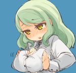  1girl :o between_breasts blue_background blush breast_squeeze breasts cleavage dress_shirt green_hair mota nose_blush original parted_lips self_fondle sexually_suggestive shirt simple_background solo teardrop tears upper_body yellow_eyes 